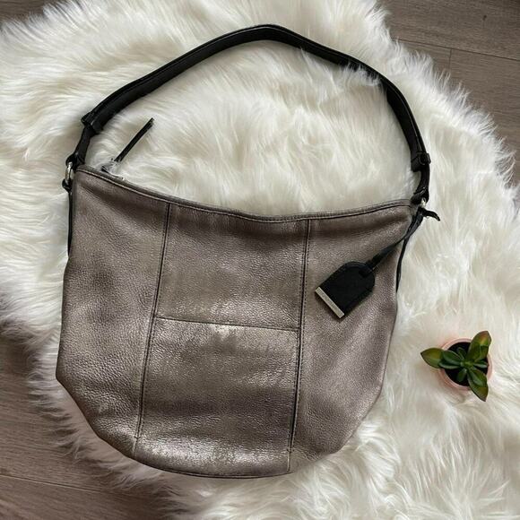 Cole Haan Brushed Silver Leather Distressed Crossbody Hobo Purse - Picture 1 of 10